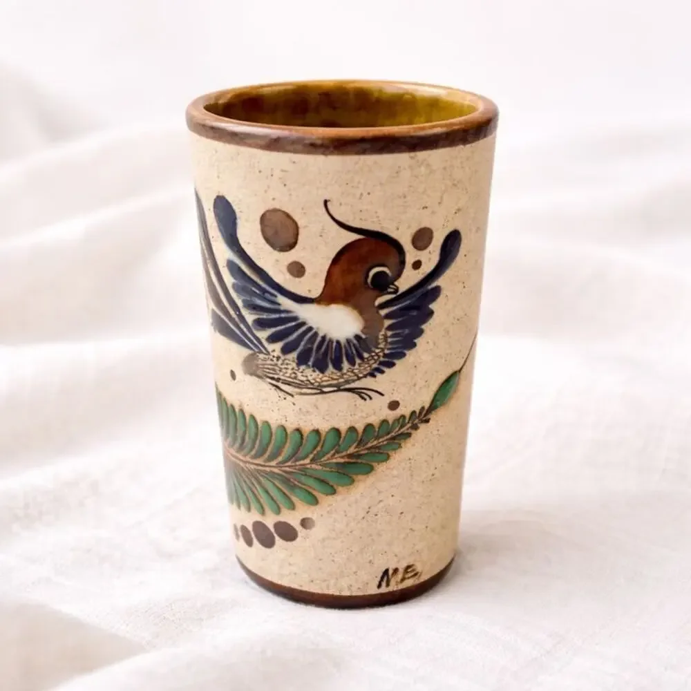 Vintage Hand-Painted Studio Pottery Tumbler / Vase – Bird & Botanical Motif